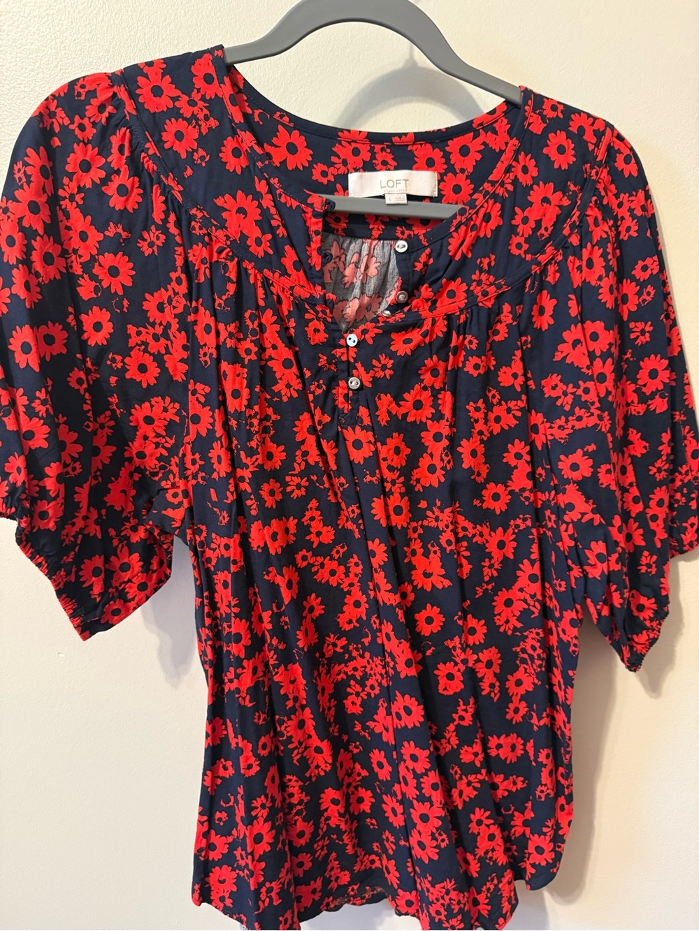 LOFT Navy Blouse with Red Floral Print
